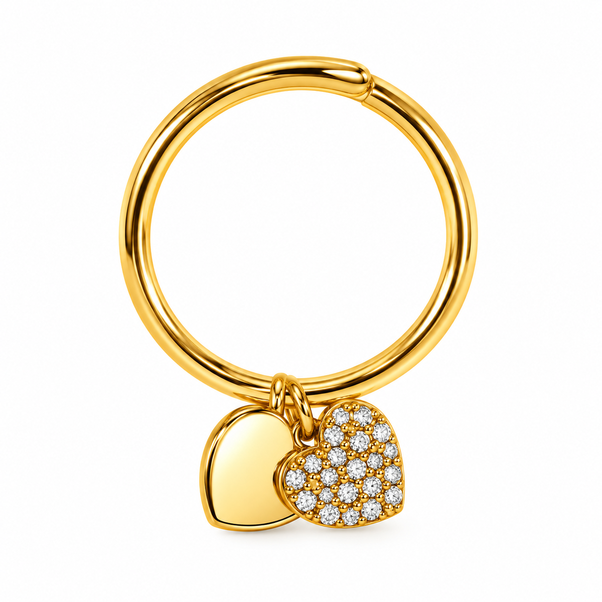 Anello in Acciaio Dorato con Due Cuori Pendenti