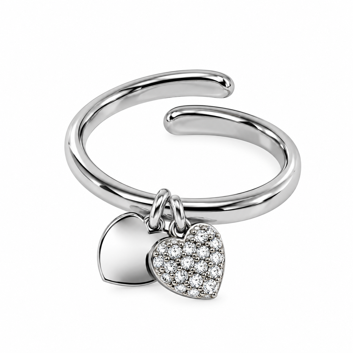 Anello in Acciaio Argentato con Due Cuori Pendenti
