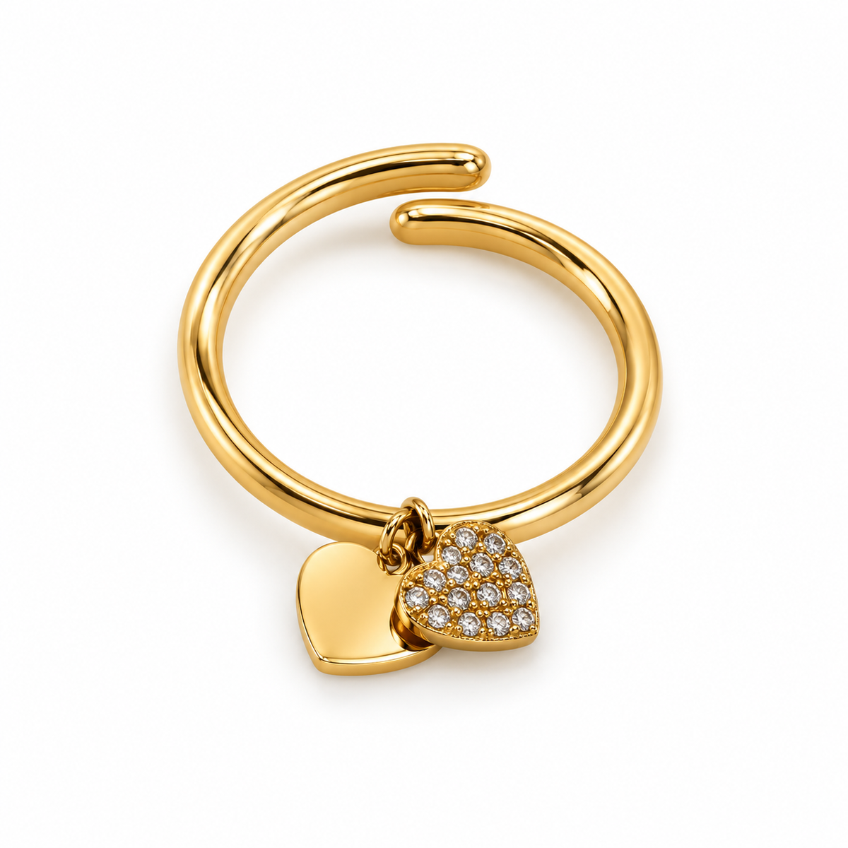 Anello in Acciaio Dorato con Due Cuori Pendenti