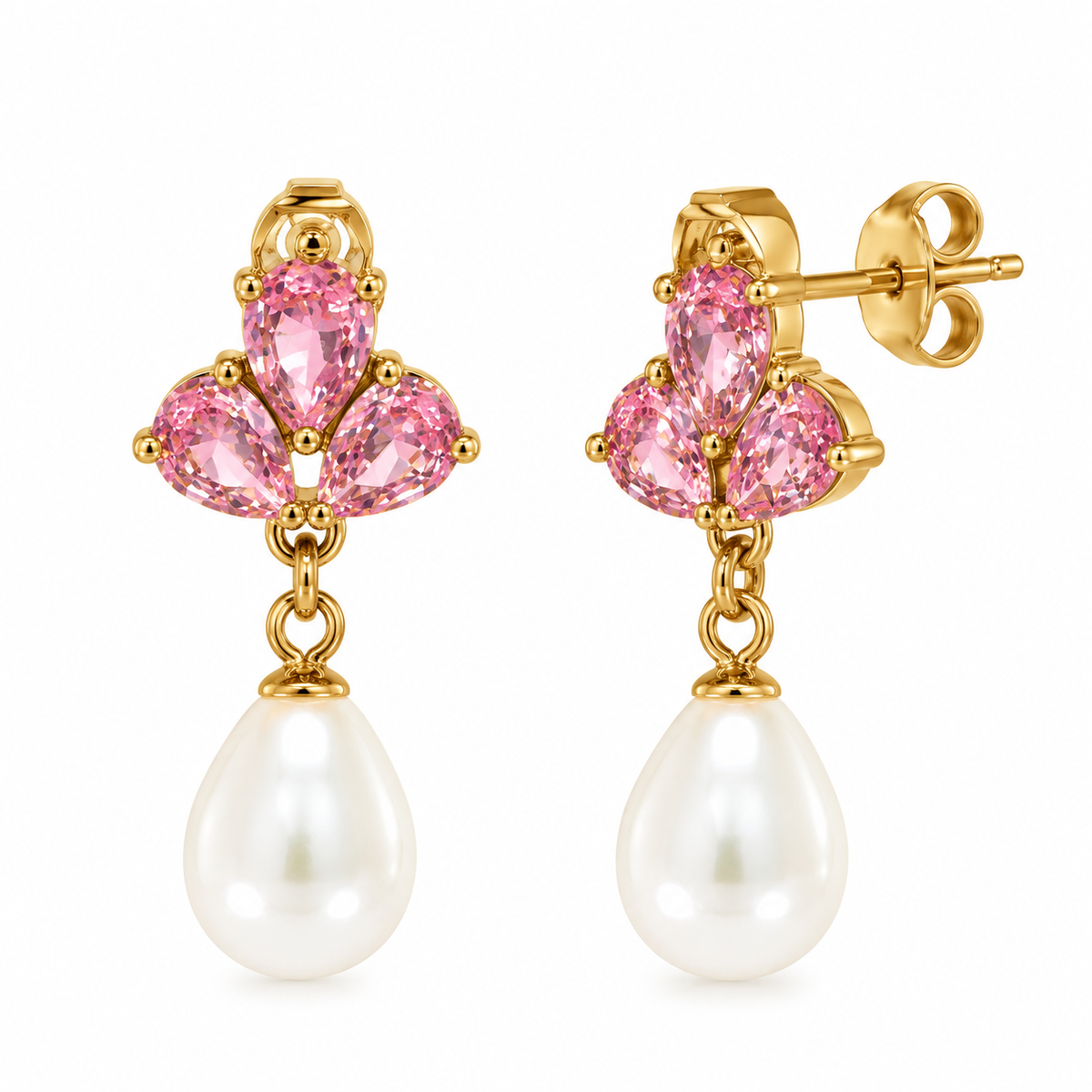 Orecchini in Acciaio Dorato con Zirconi Rosa e Perle a Goccia