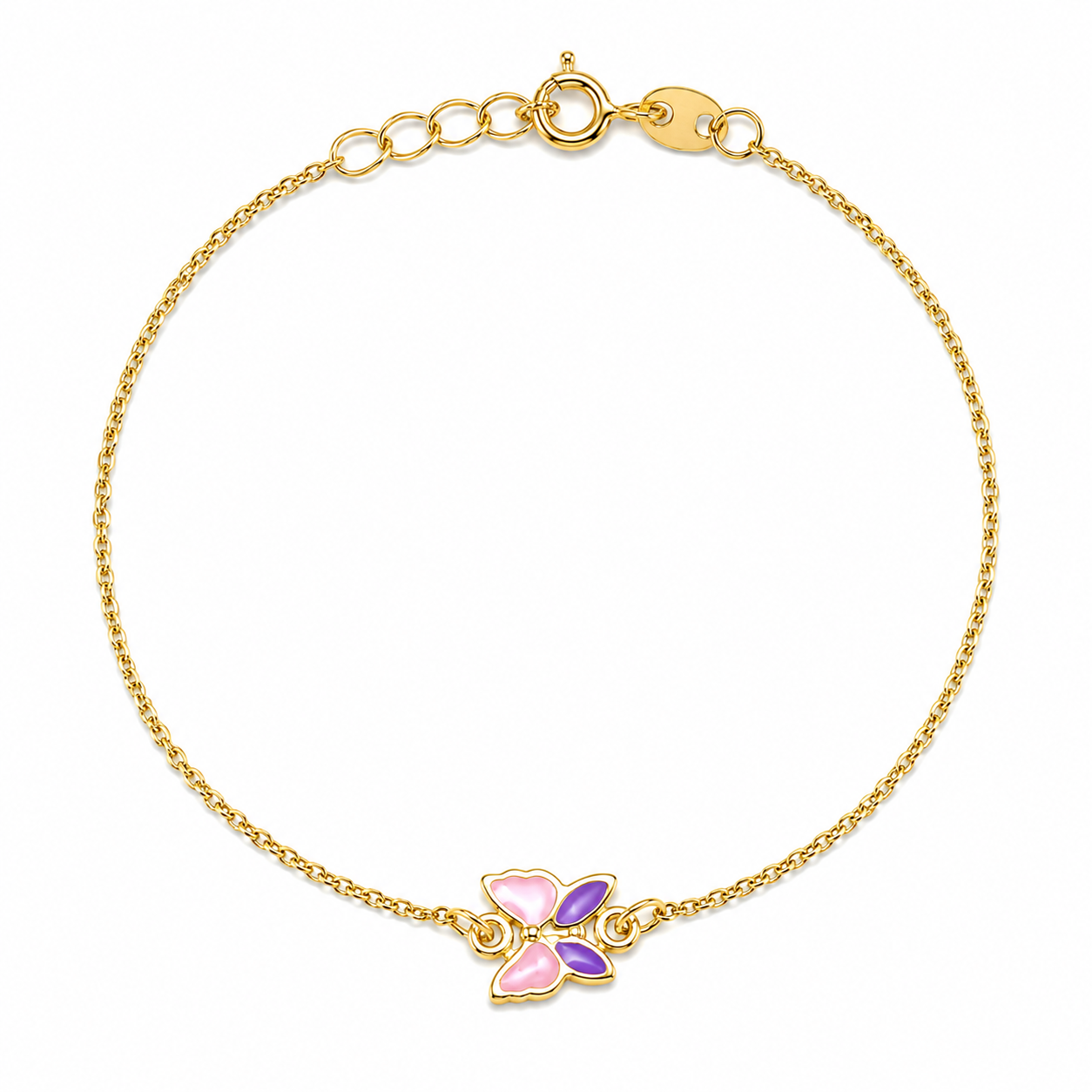 Bracciale in Oro Giallo con Farfalla in Smalto Rosa e Viola
