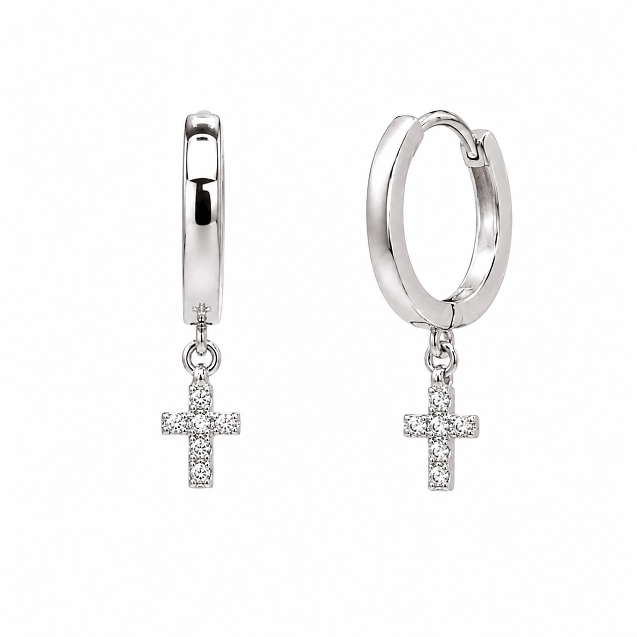 Orecchini Cerchio con Croce Pendete in Oro Bianco con Zirconi