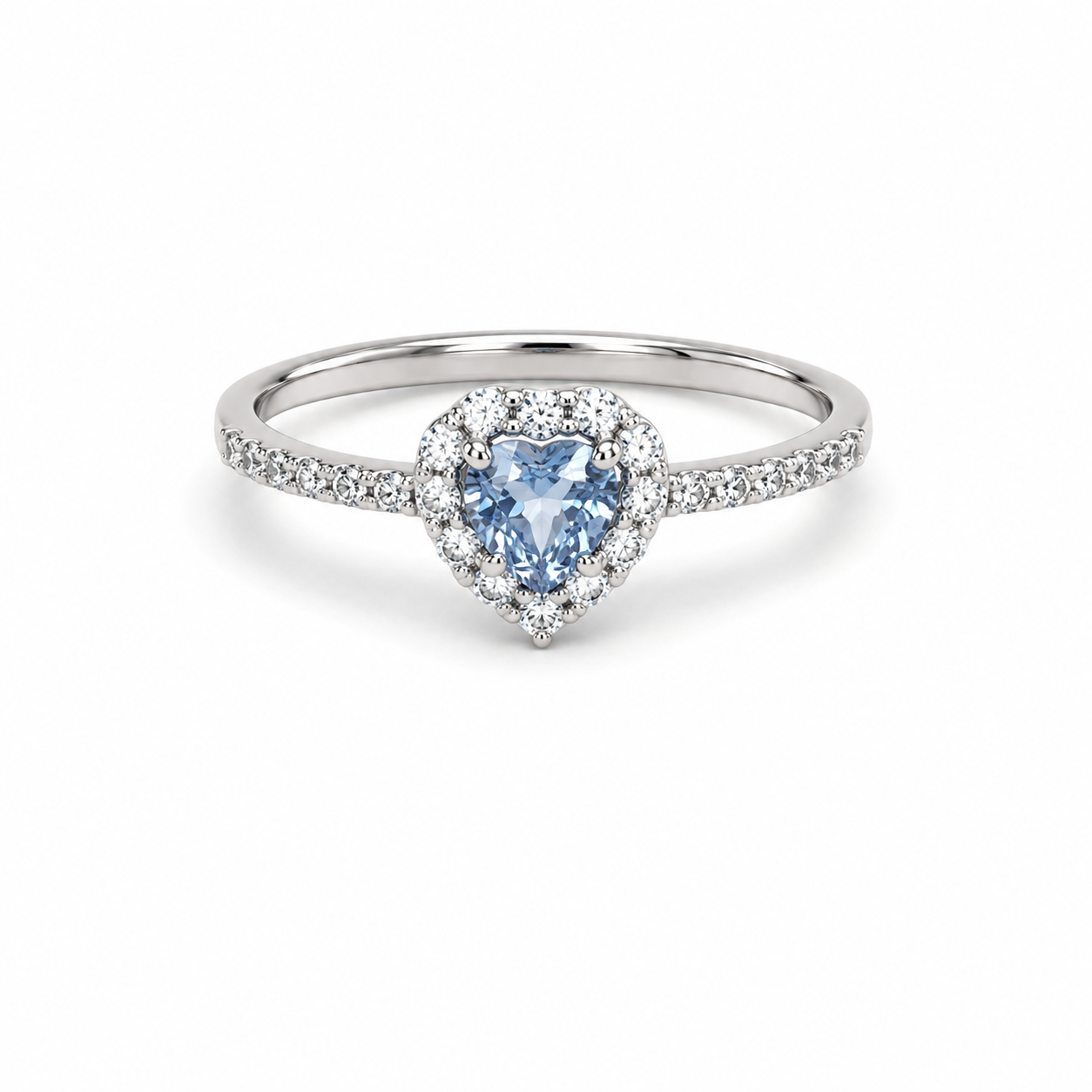 Anello Cuore in Oro Bianco 9kt con Zircone Azzurro e Zirconi Bianchi