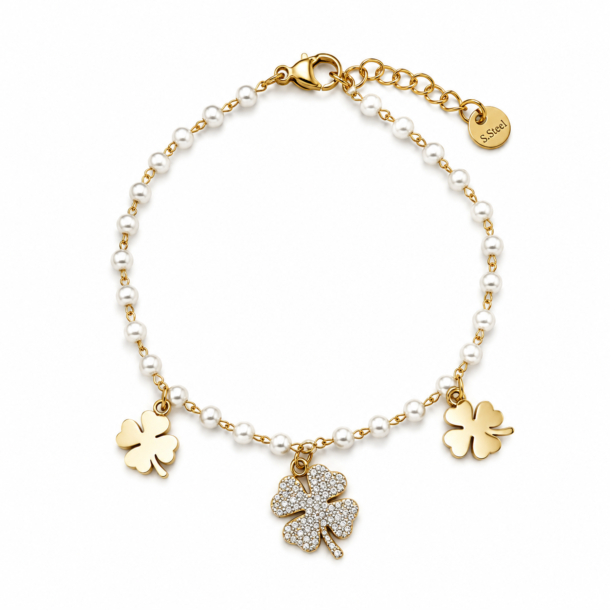Bracciale in Acciaio Color Oro con Perle, Quadrifogli e Zirconi