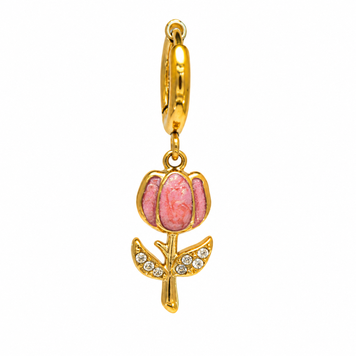 Orecchino in Acciaio con Tulipano Rosa Corallo e Pietre