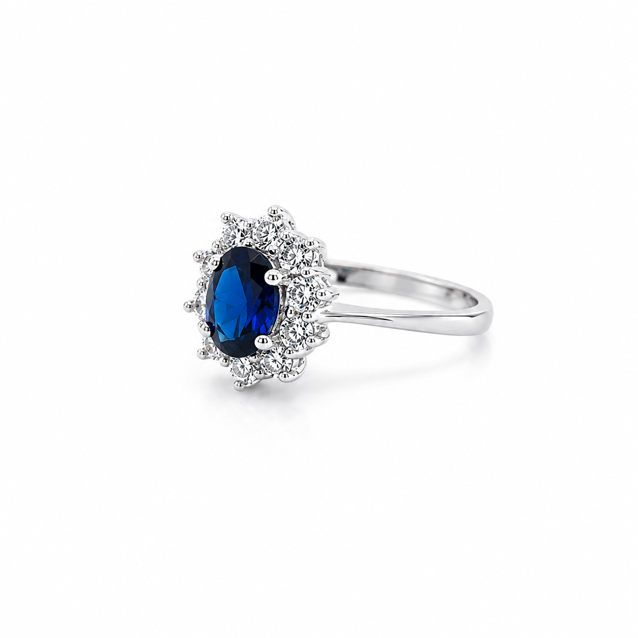 Anello Solitario Oro Bianco 9Kt con Zirconi Blu e Bianchi