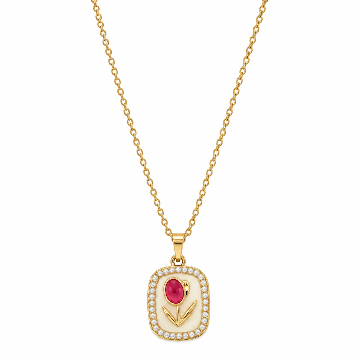 Collana Tulipano Rosa con Perline in Acciaio Dorato