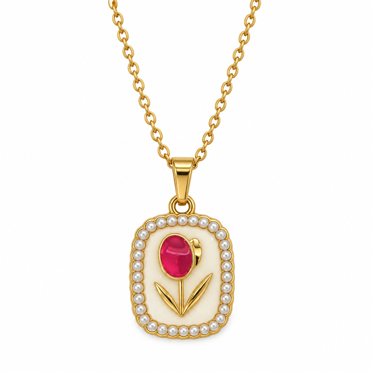 Collana Tulipano Rosa con Perline in Acciaio Dorato