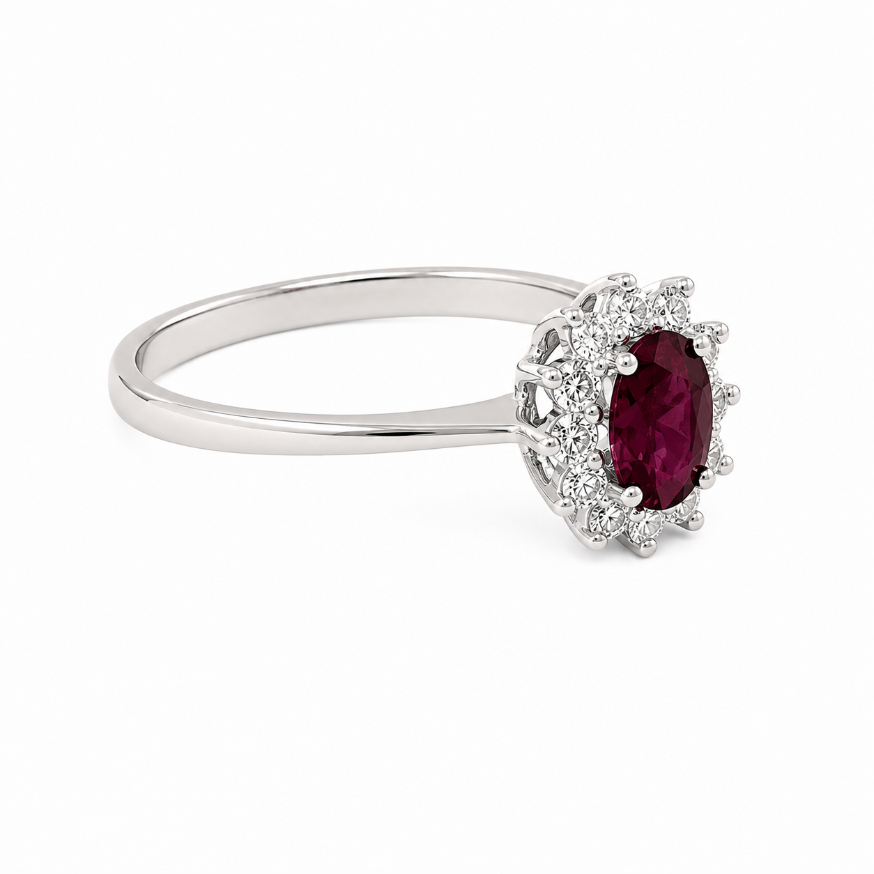 Anello in Oro Bianco 9KT con Zircone Rosso e Zirconi Bianchi