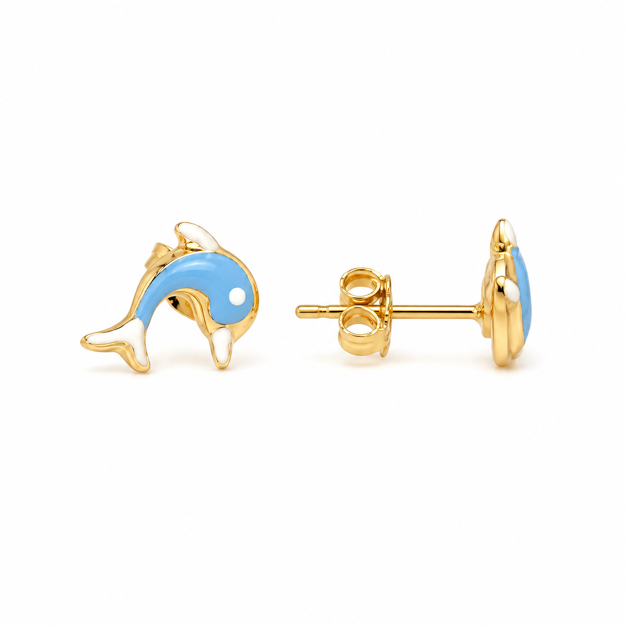 Orecchini a Lobo Delfino in Oro Giallo e Smalto Celeste e Bianco