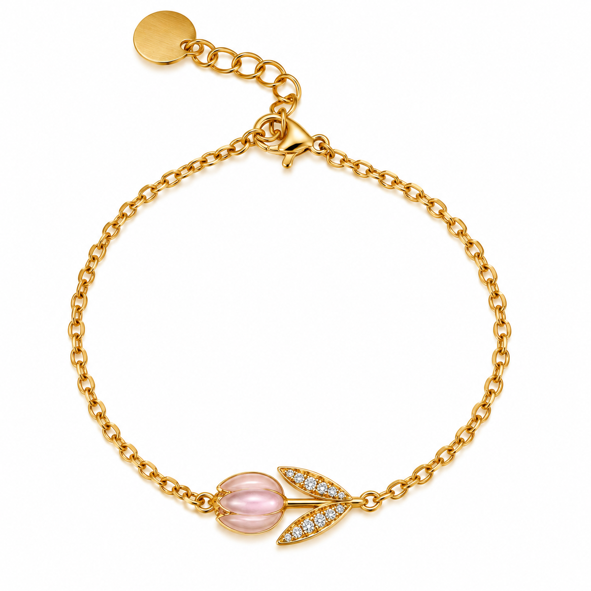 Bracciale in Acciaio Dorato con Tulipano Rosa e Zirconi Bianchi