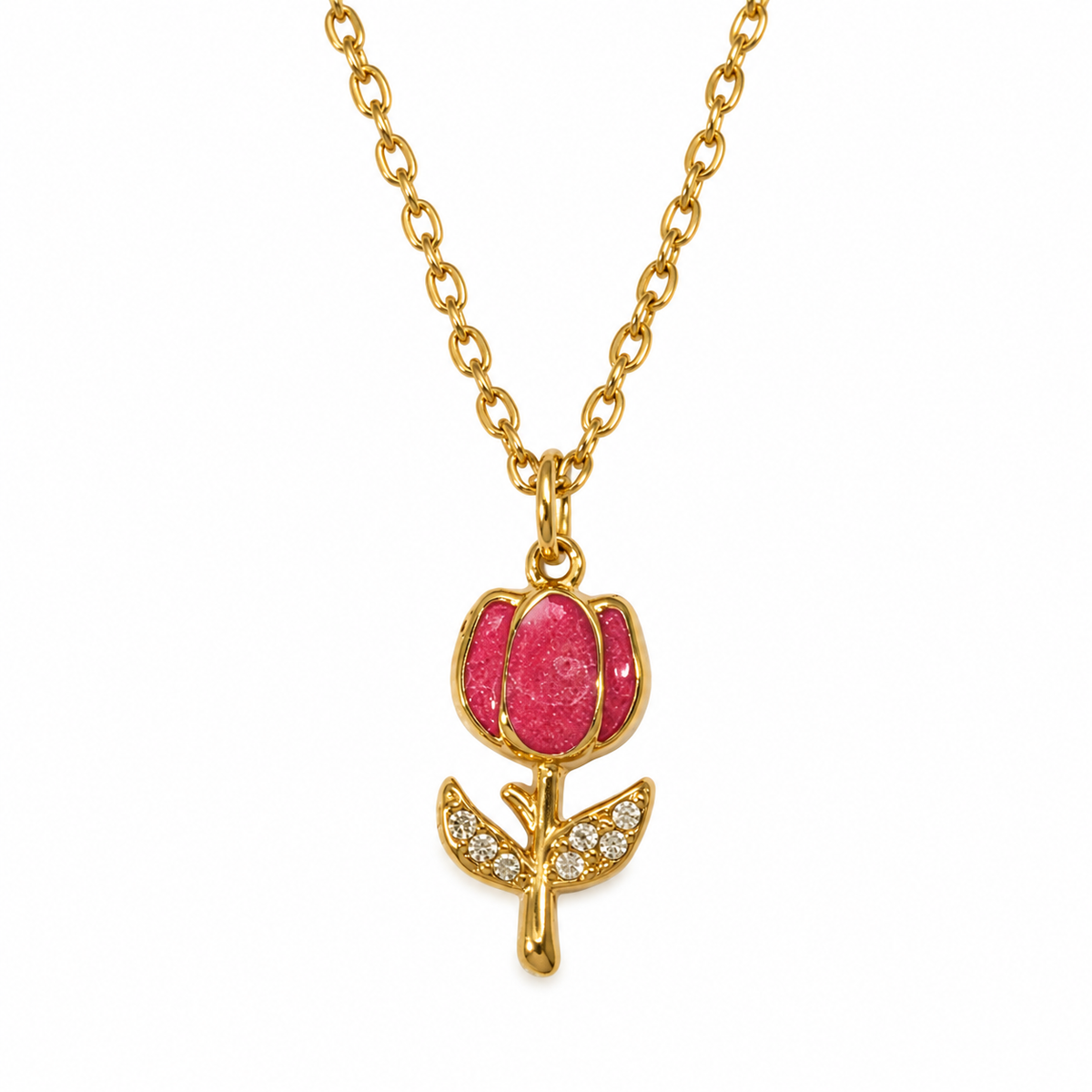 Collana in Acciaio Dorato con Ciondolo Tulipano Rosso e Zirconi