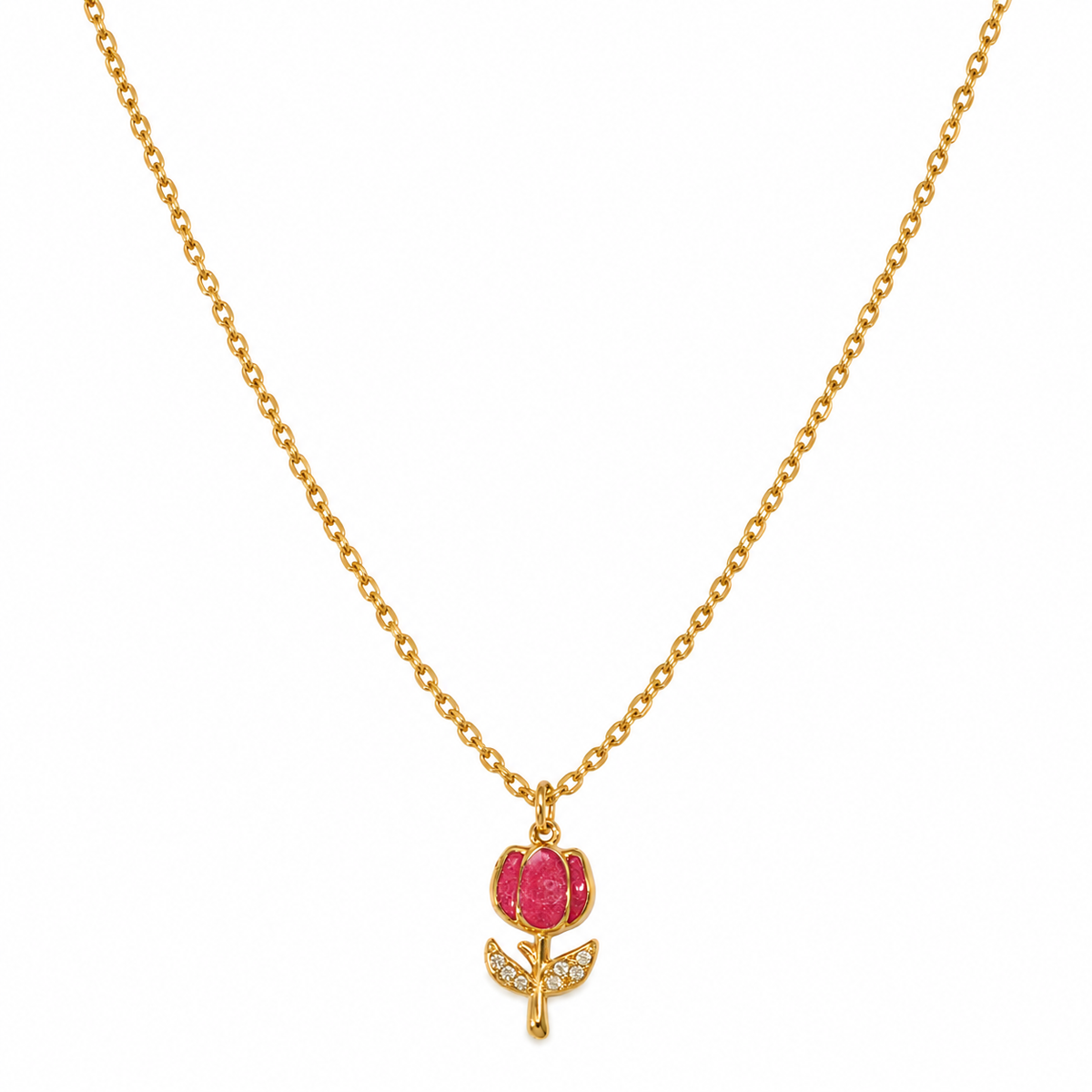 Collana in Acciaio Dorato con Ciondolo Tulipano Rosso e Zirconi