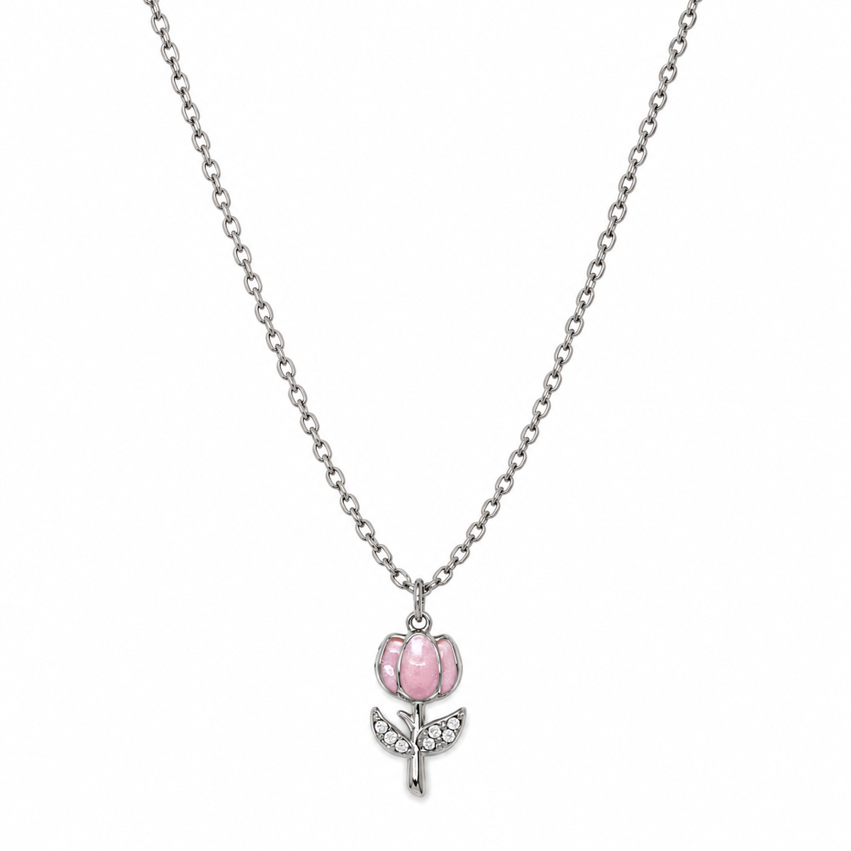 Collana in Acciaio Argentato con Tulipano Rosa e Zirconi