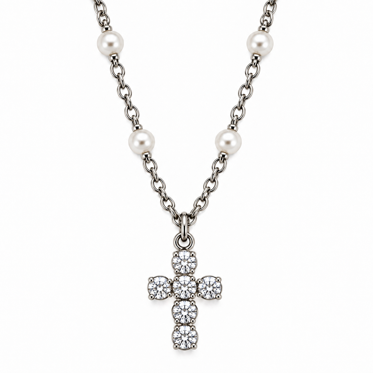 Collana in Argento con Perle e Croce di Zirconi