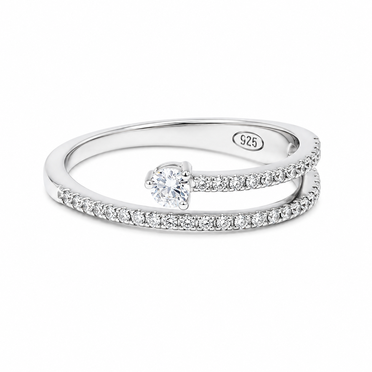 Anello Doppia Fascia Pavé con Zircone Solitario in Argento