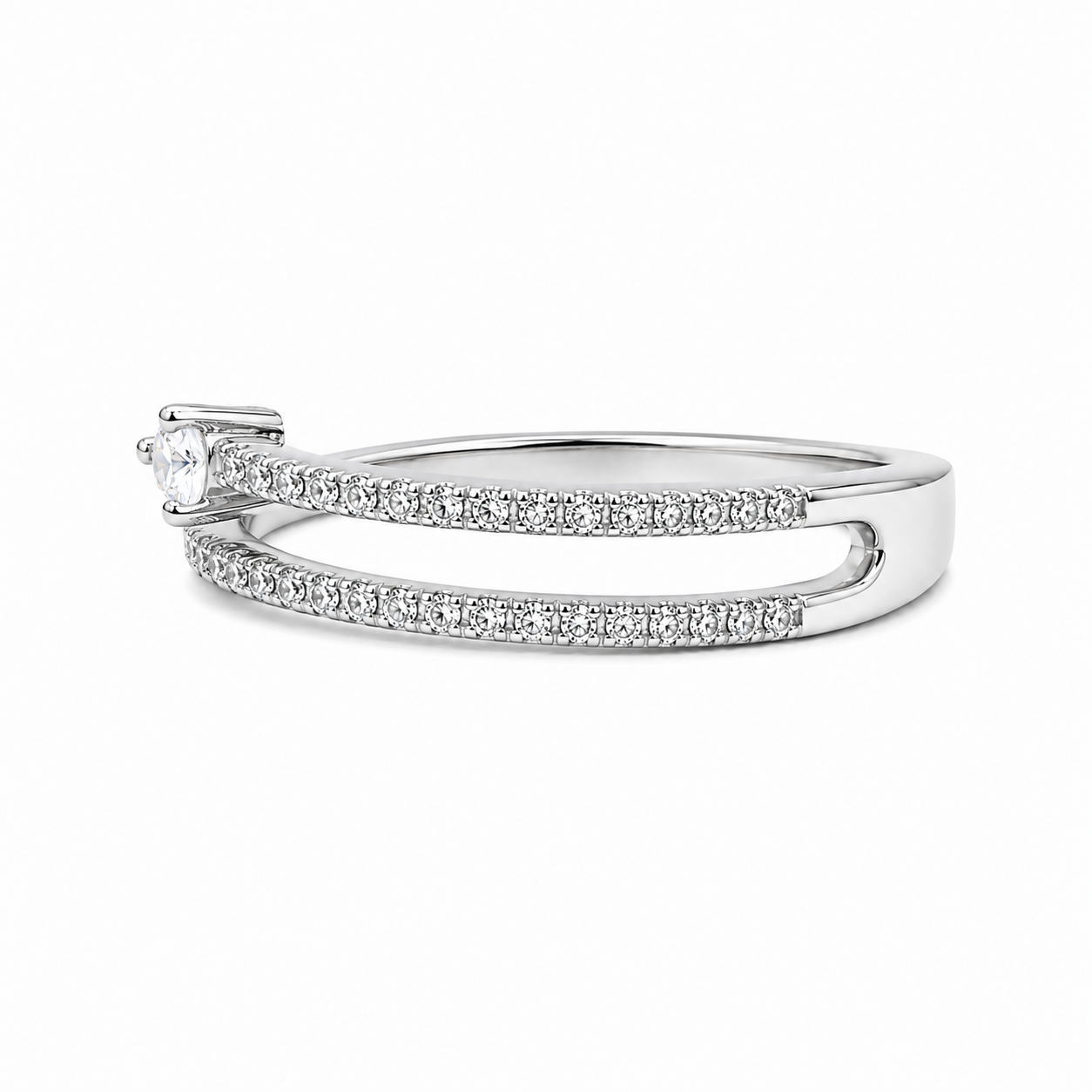 Anello Doppia Fascia Pavé con Zircone Solitario in Argento
