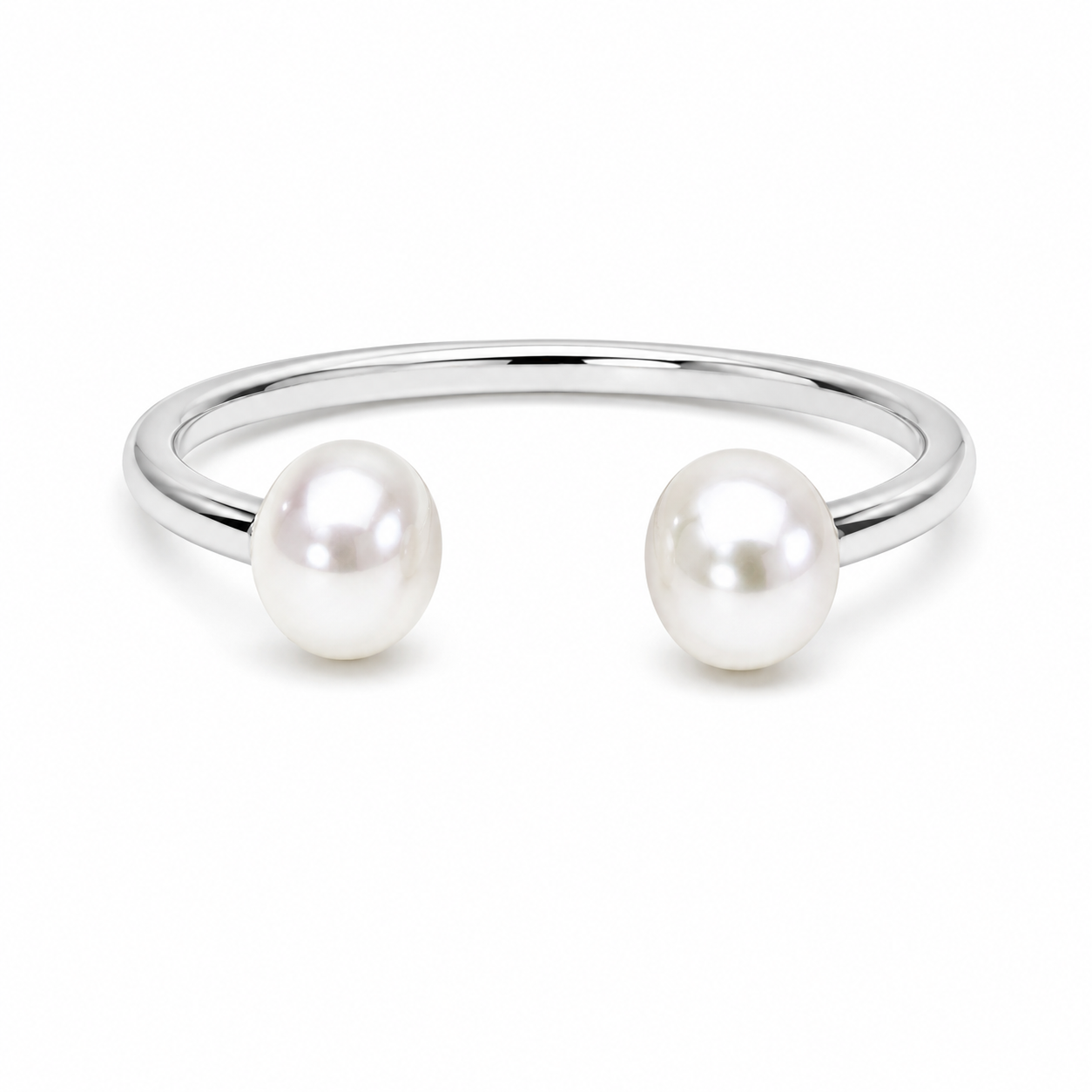 Anello Aperto con Doppia Perla Bianca e Finitura Argento
