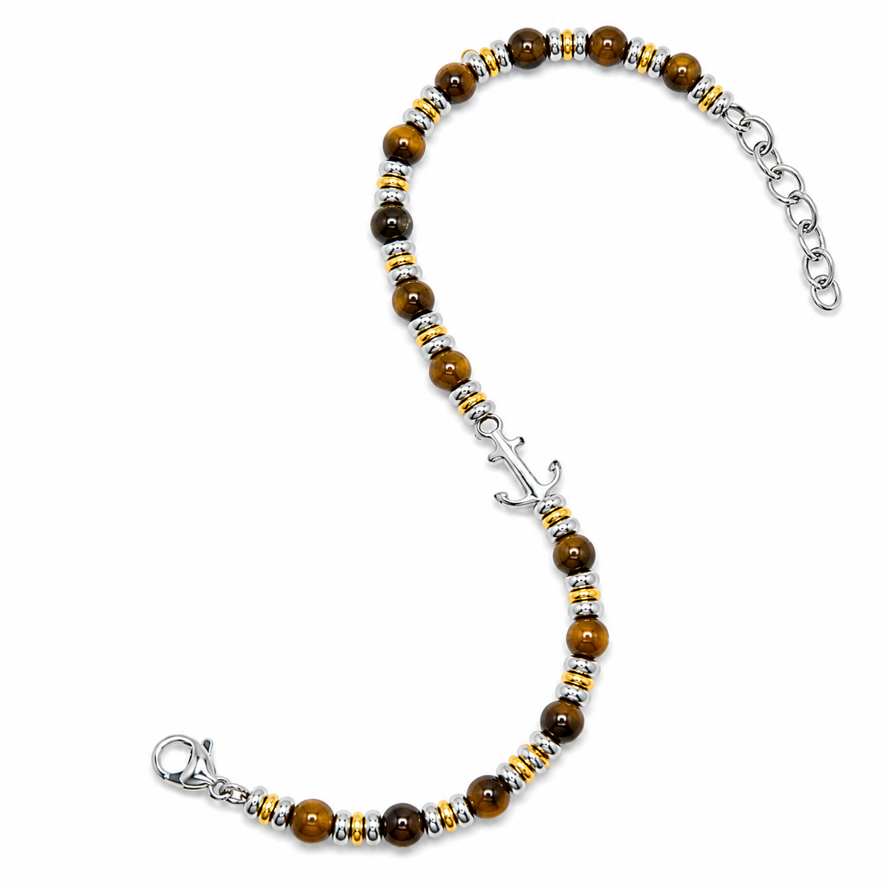 Bracciale Ancora con Pietre Occhio di Tigre in Acciaio