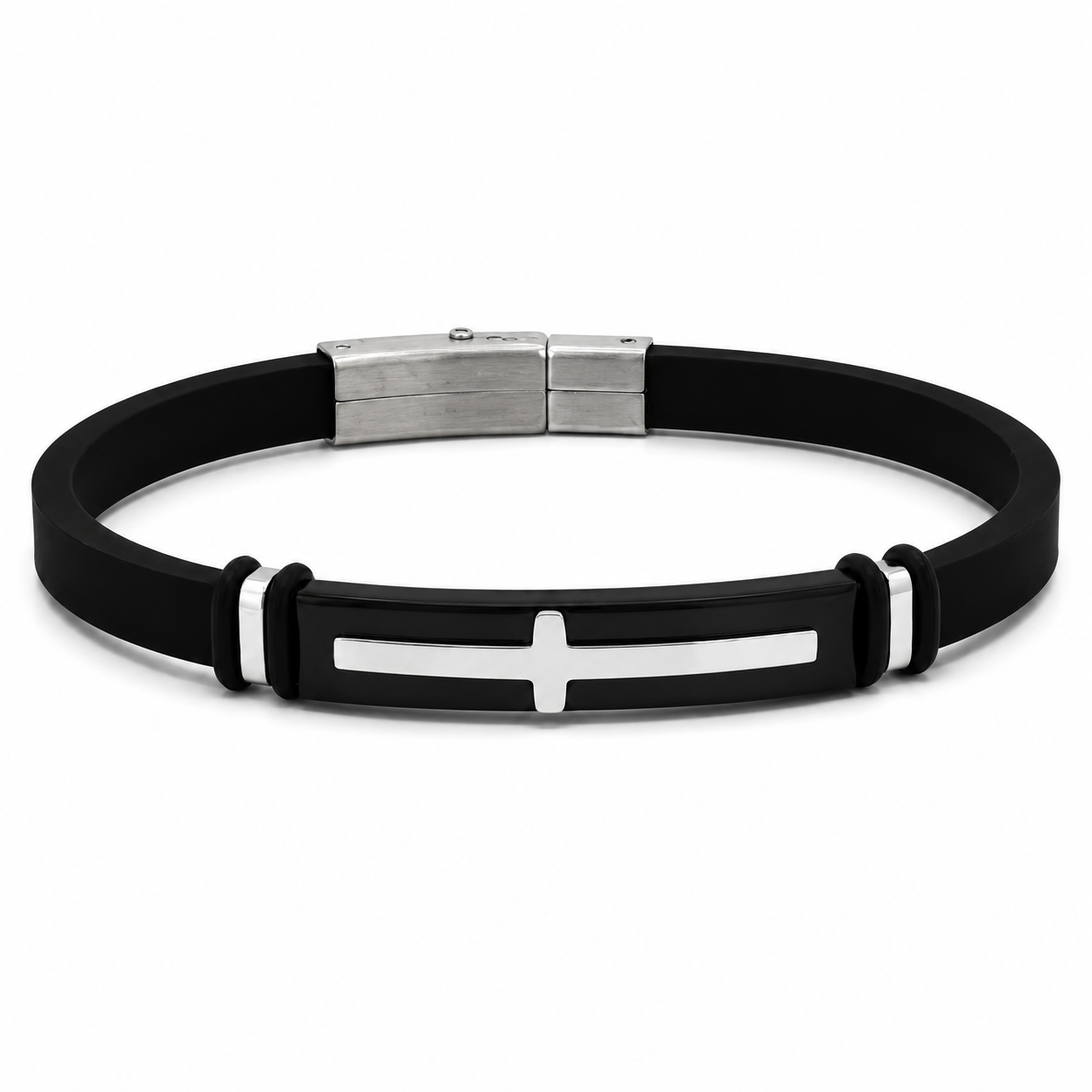 Bracciale Uomo in Acciaio e Caucciù Nero con Croce