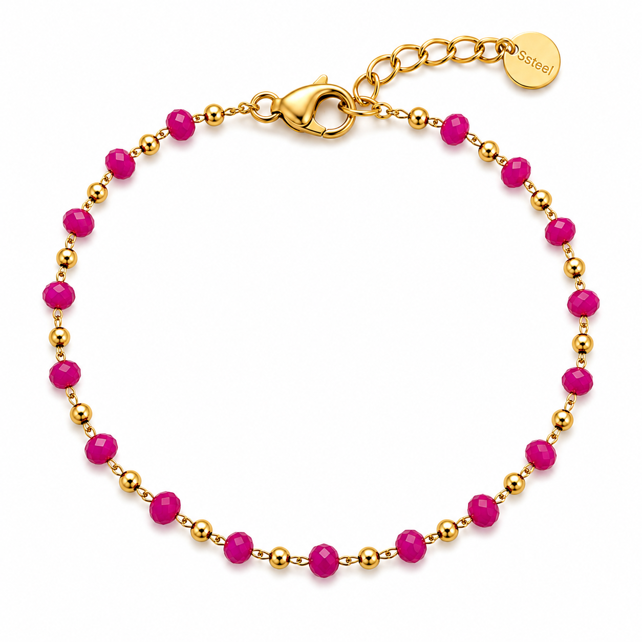 Bracciale con Perline Fucsia in Acciaio Dorato