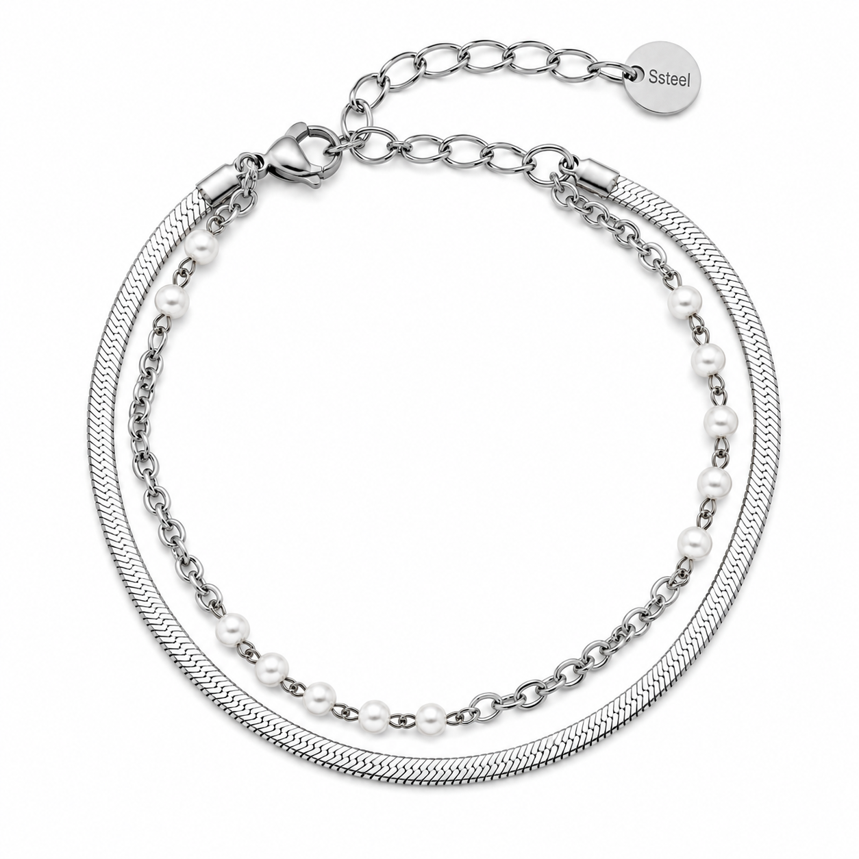 Cavigliera Doppia con Perle e Maglia Snake in Acciaio