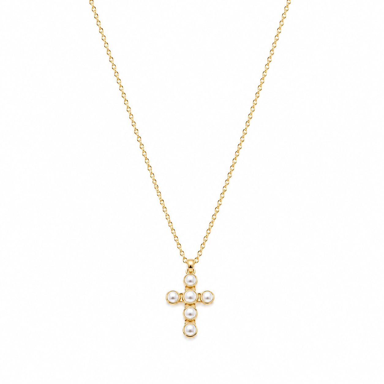 Collana Croce con Perle Sintetiche in Acciaio Dorato