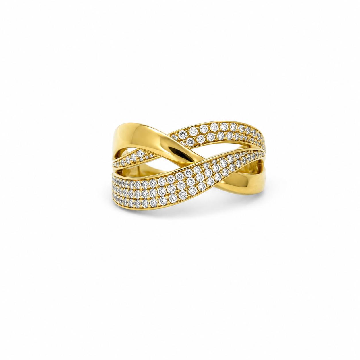 Anello Fascia Incrociata in Oro Giallo 9kt con Zirconi Bianchi