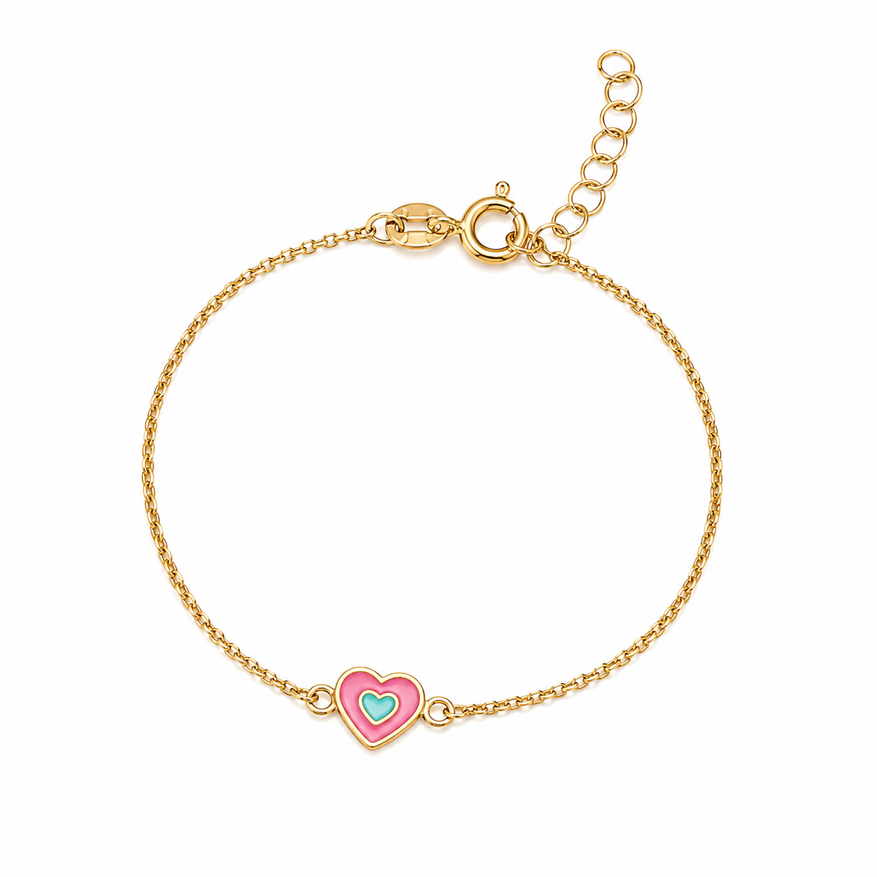 Bracciale Oro Giallo con Cuore Smaltato Rosa e Azzurro