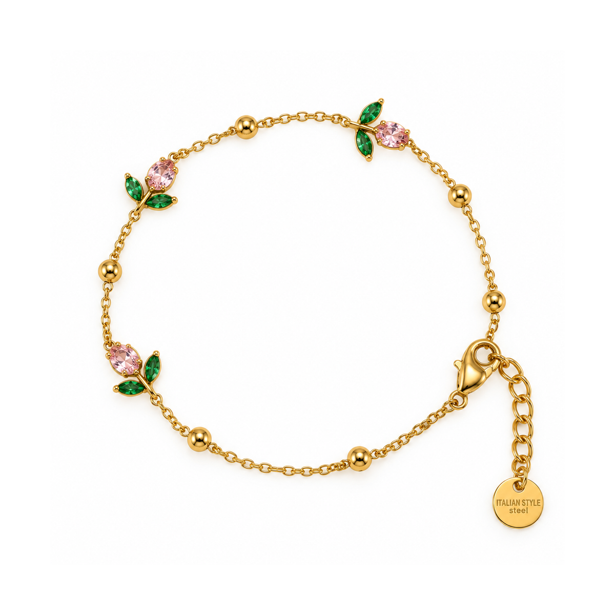 Bracciale in Acciaio Dorato con Fiorellini Rosa e Verdi
