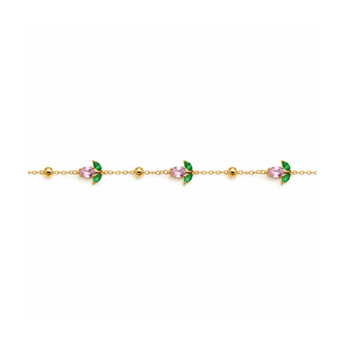 Bracciale in Acciaio Dorato con Fiorellini Rosa e Verdi
