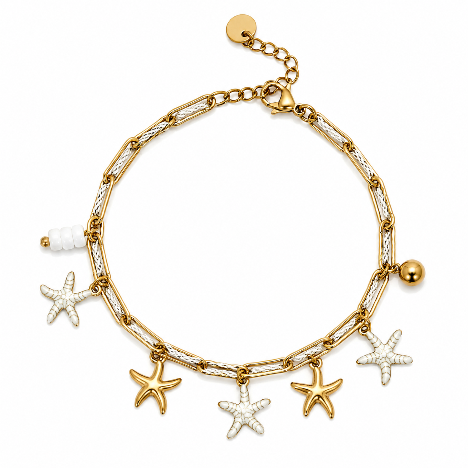 Bracciale in Acciaio Dorato con Stelle Marine Bianche e Dorate