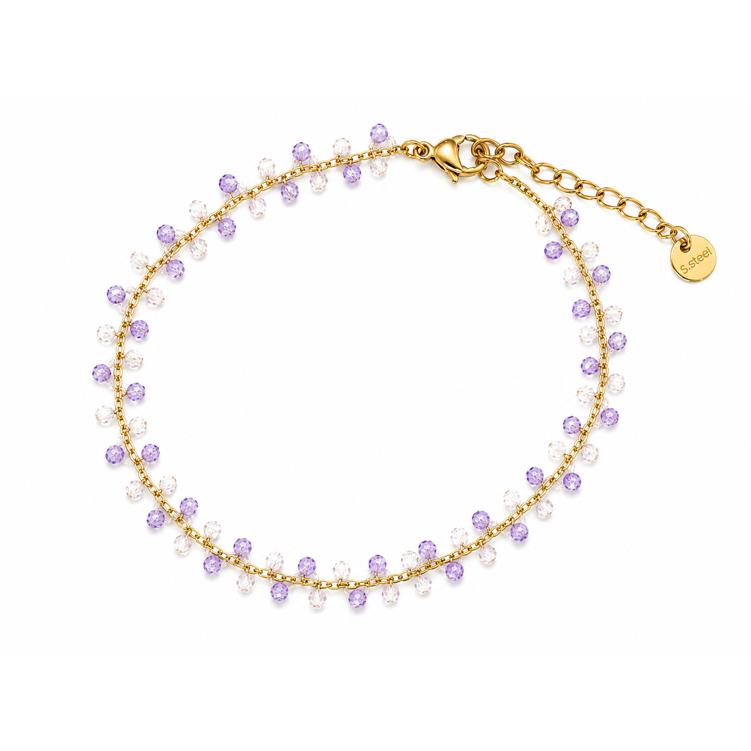 Bracciale in Acciaio Dorato con Perline Lilla e Trasparenti
