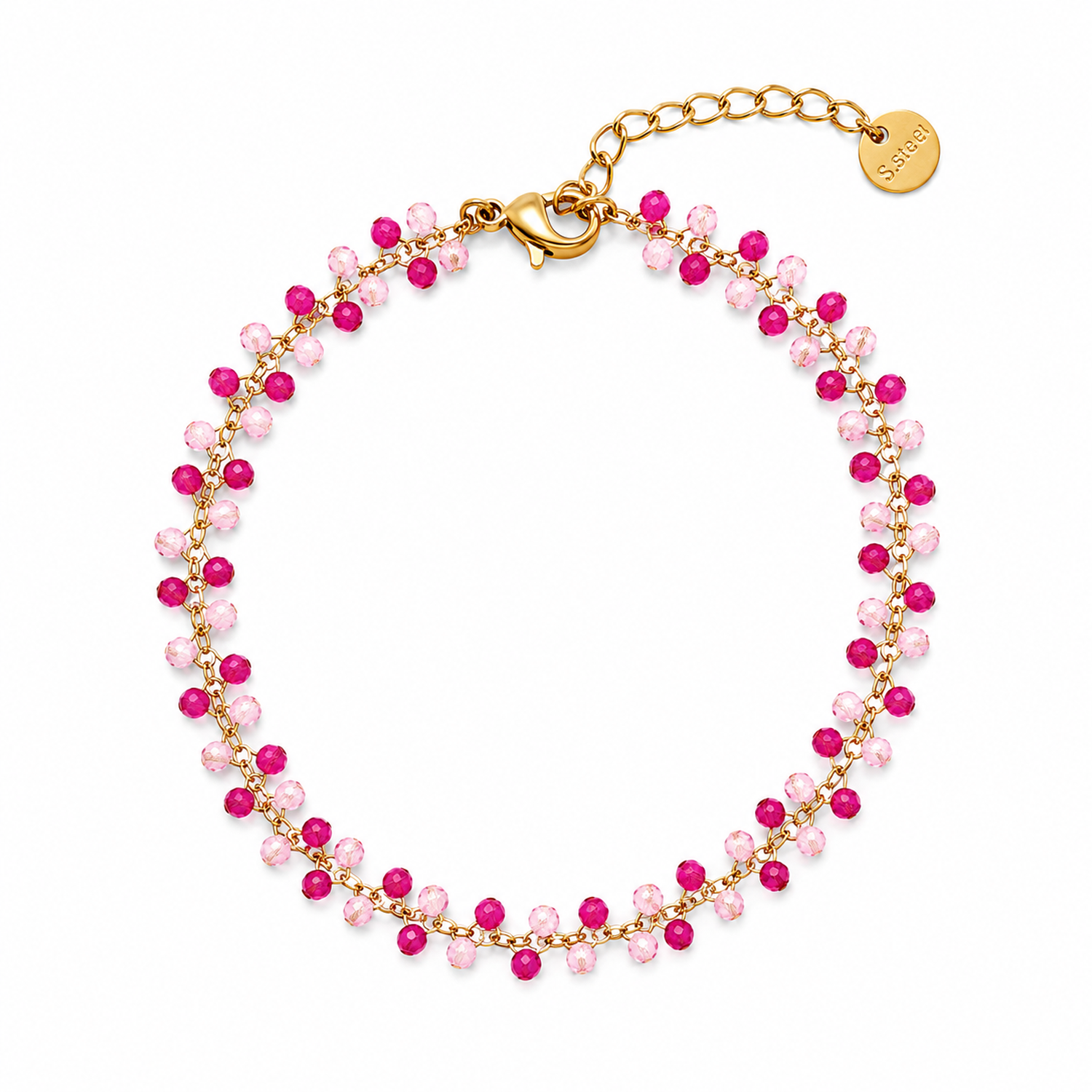 Bracciale in Acciaio Dorato con Perline Rosa e Fucsia