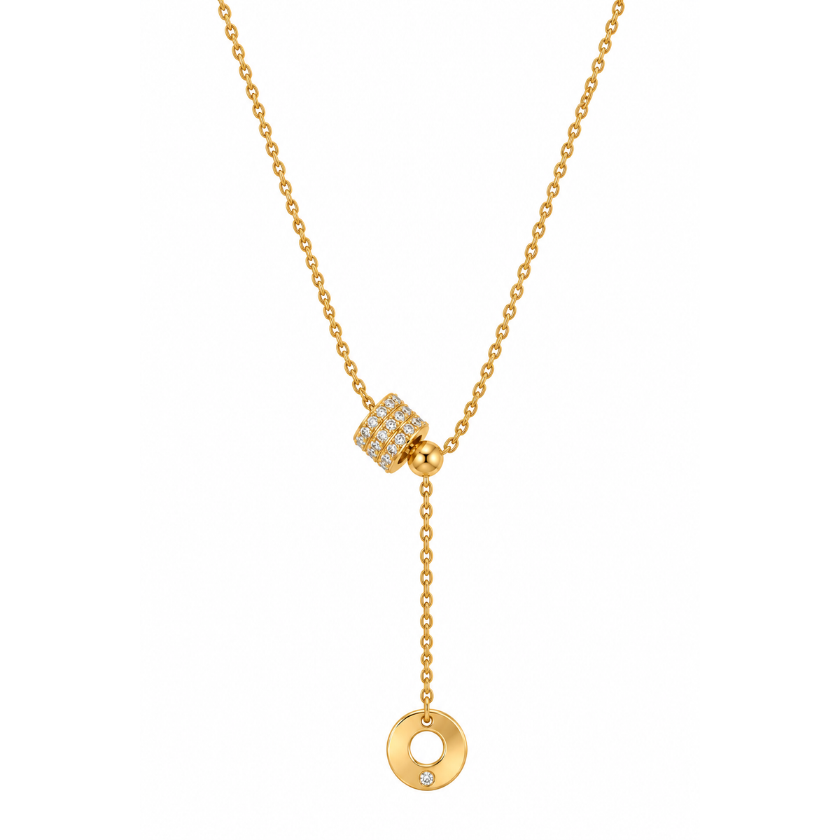 Collana in Acciaio Dorato con Pendente Circolare e Zirconi Bianchi