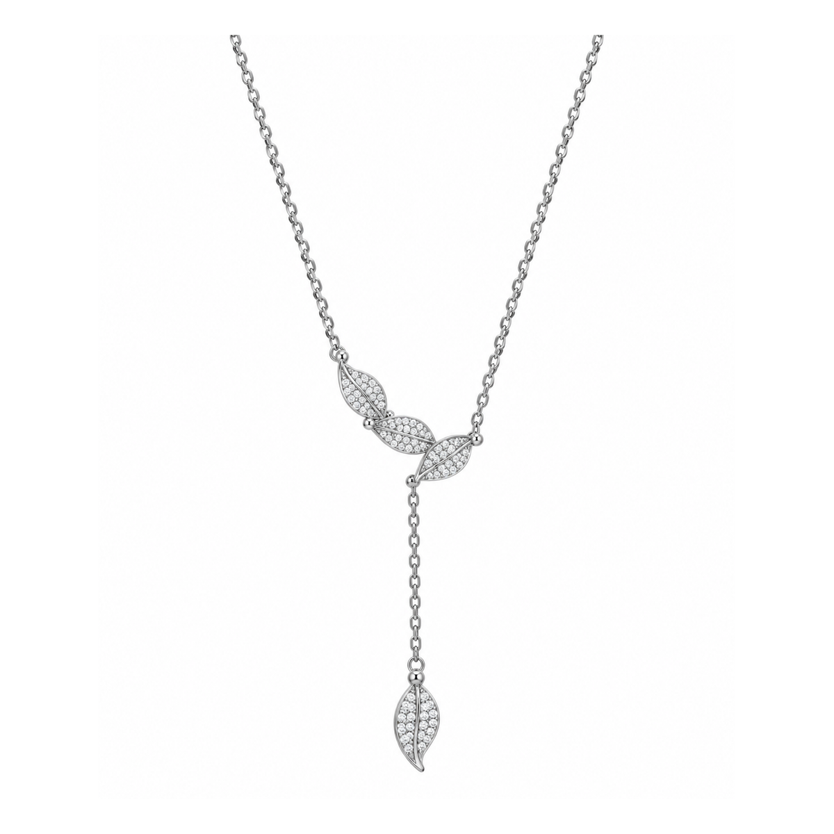 Collana in Acciaio Argentato con Foglie e Zirconi Bianchi