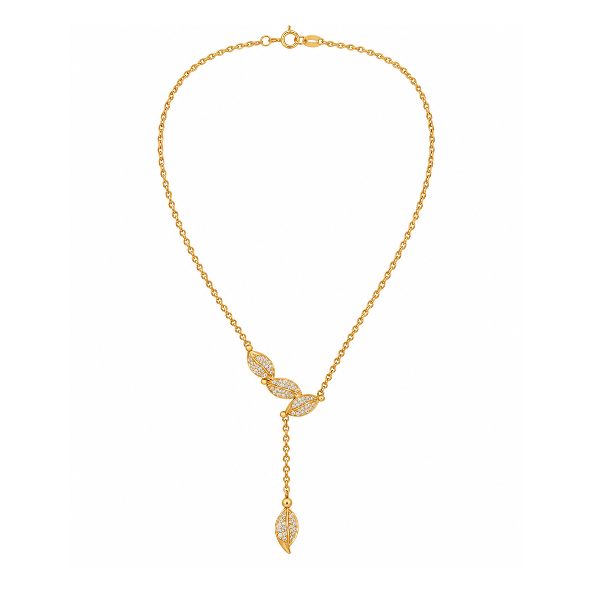 Collana in Acciaio Dorato con Foglie e Zirconi Bianchi