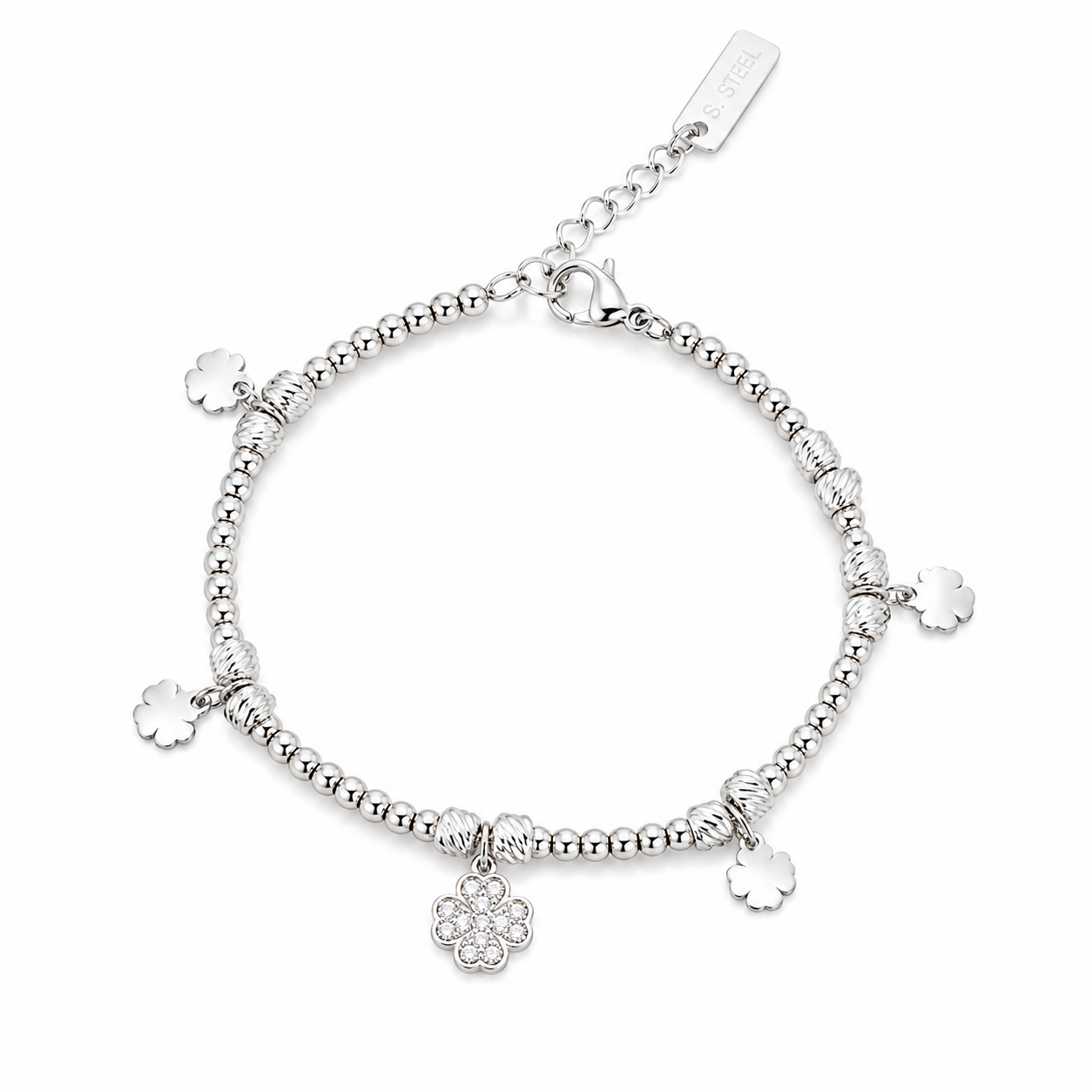 Bracciale in Acciaio Inossidabile con Ciondoli Quadrifoglio e Zirconi