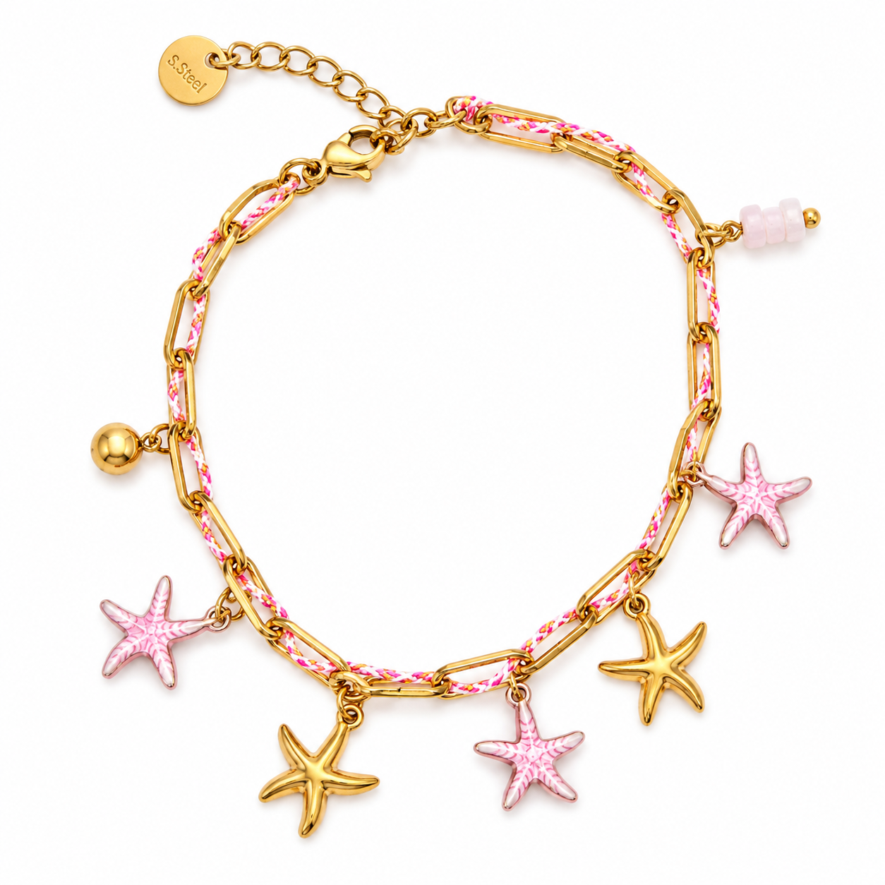 Bracciale in Acciaio Color Oro con Stelle Marine Rosa e Cordino Intrecciato