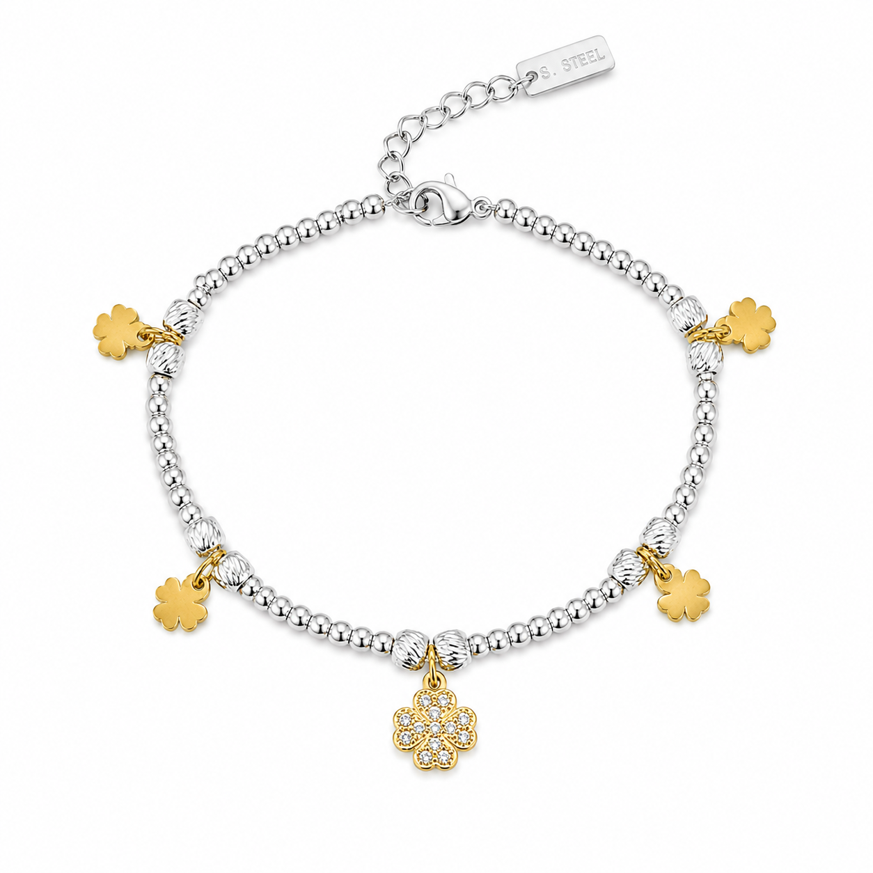 Bracciale in Acciaio Bicolore con Quadrifogli e Zirconi