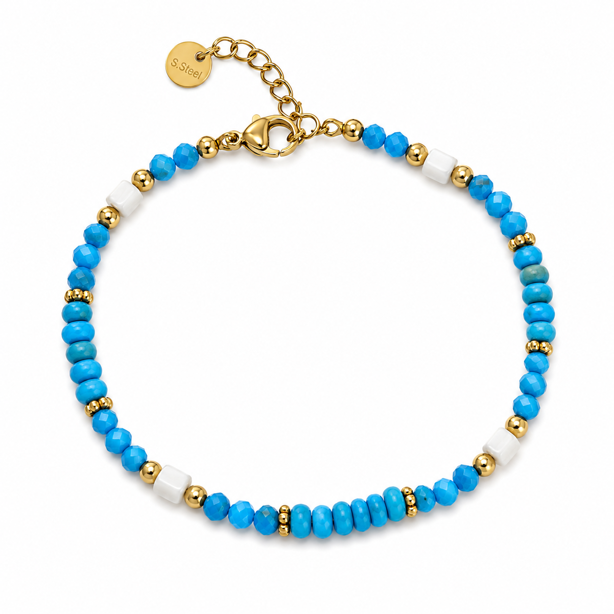 Bracciale in Acciaio Color Oro con Perline Turchesi e Cristalli Azzurri