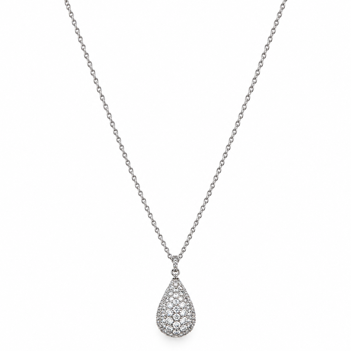 Collana in Acciaio Argentato con Ciondolo a Goccia e Zirconi Bianchi