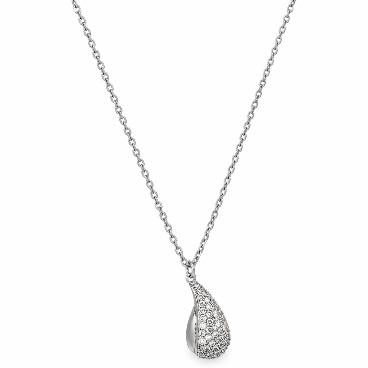 Collana in Acciaio Argentato con Ciondolo a Goccia e Zirconi Bianchi