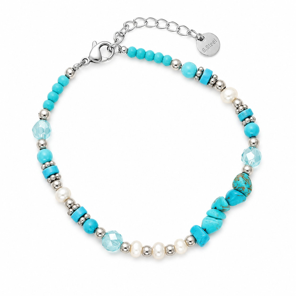 Bracciale in Acciaio con Turchese, Perle e Cristalli Azzurri