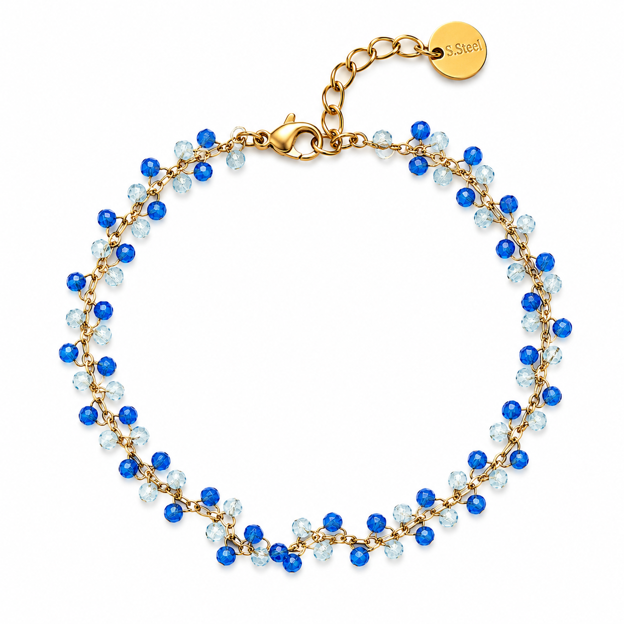 Bracciale in Acciaio Color Oro con Cristalli Blu e Azzurri