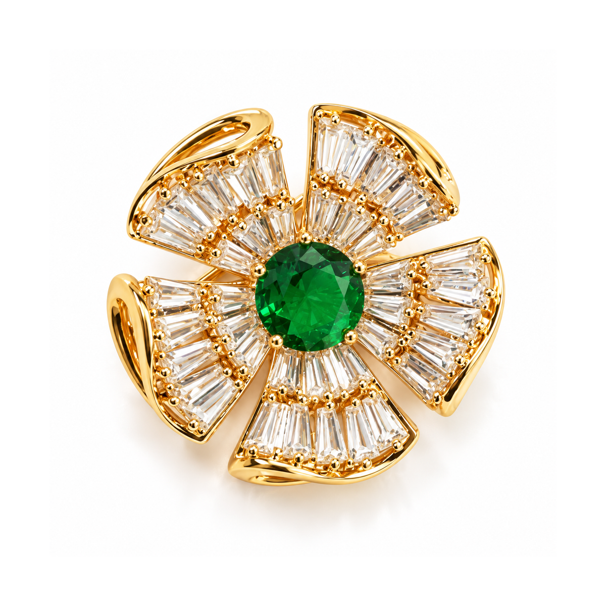 Spilla Fiore Dorata con Pietra Verde e Zirconi Bianchi