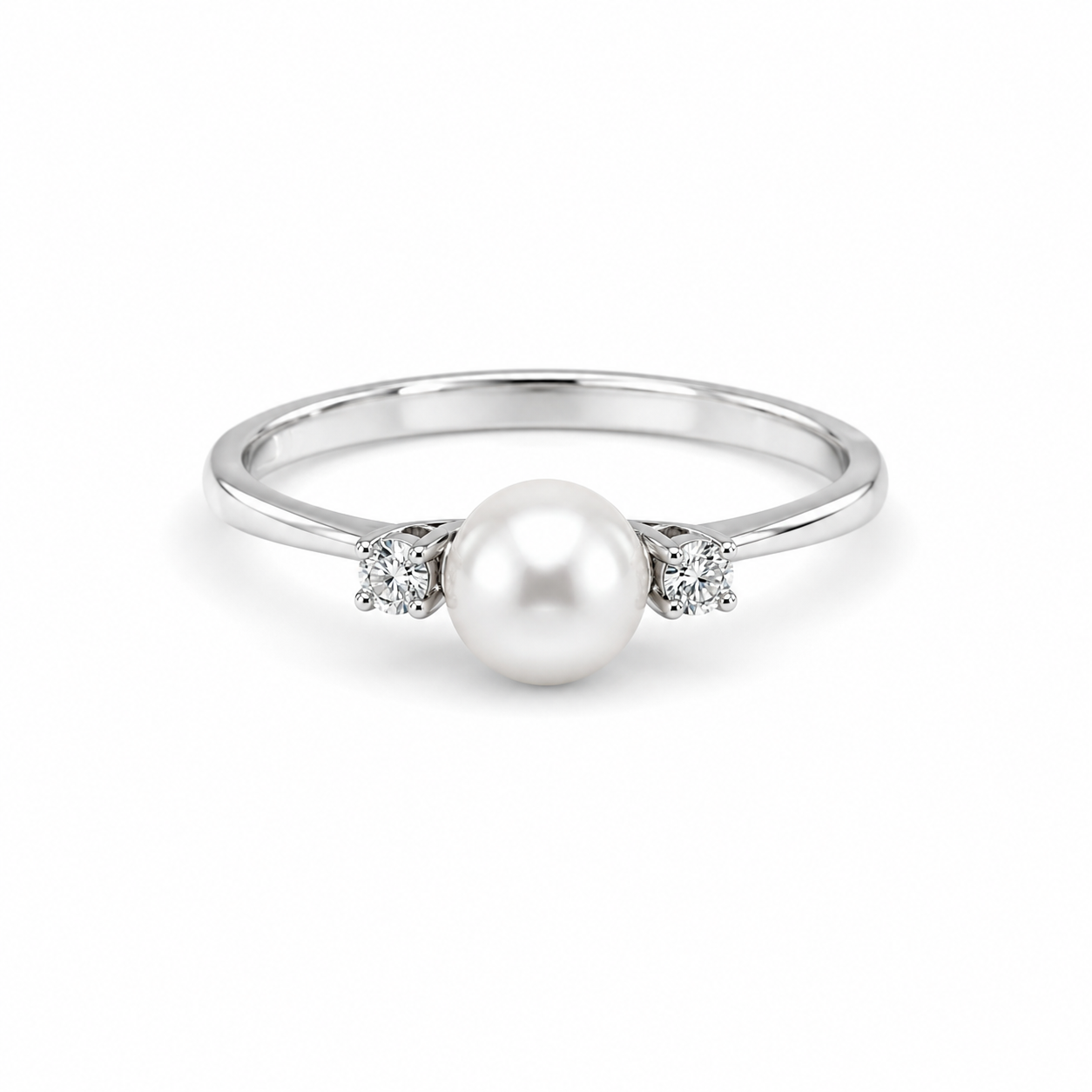 Anello in Oro Bianco 9KT con Perla e Zirconi Bianchi