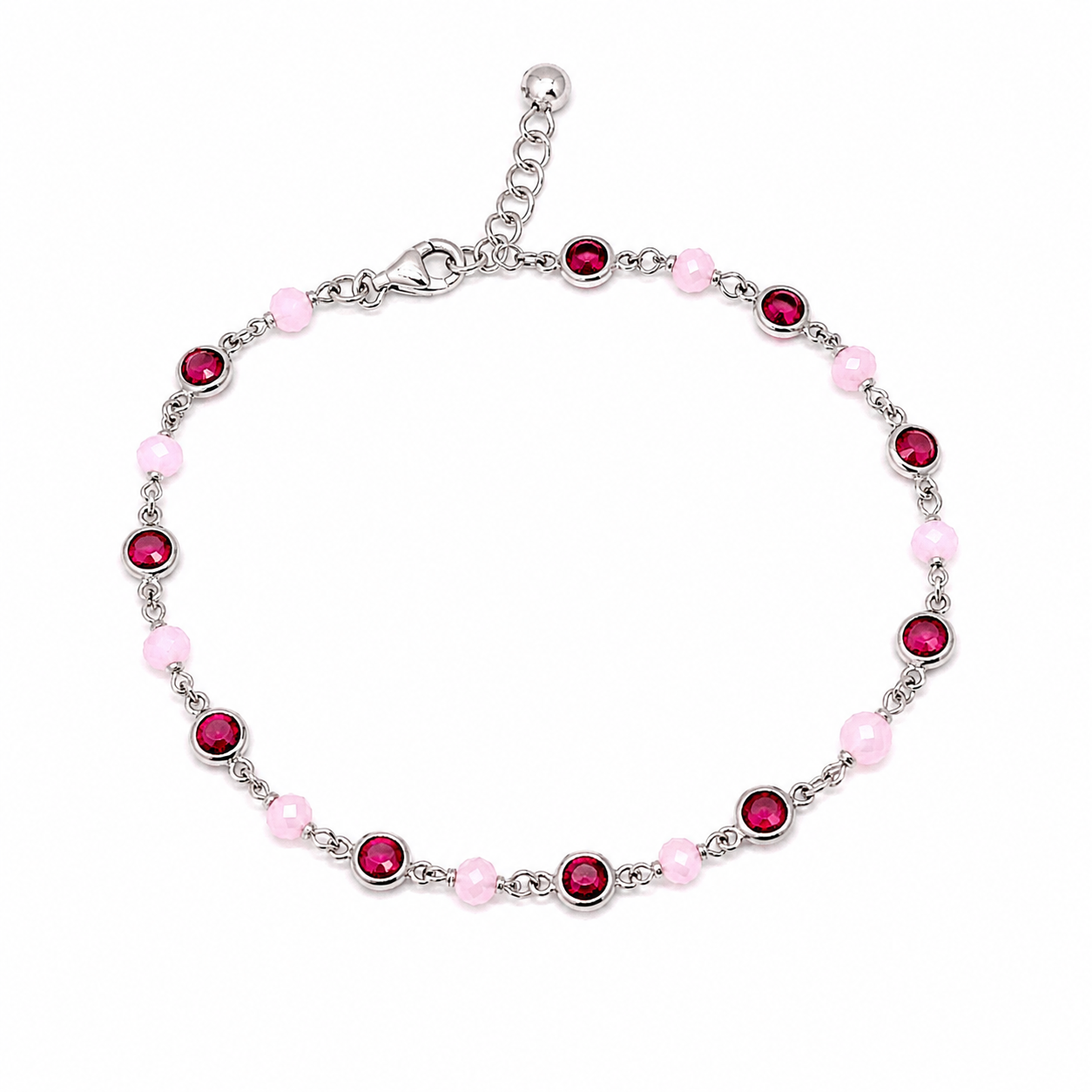 Bracciale in Argento con Zirconi Rossi e Perline Rosa