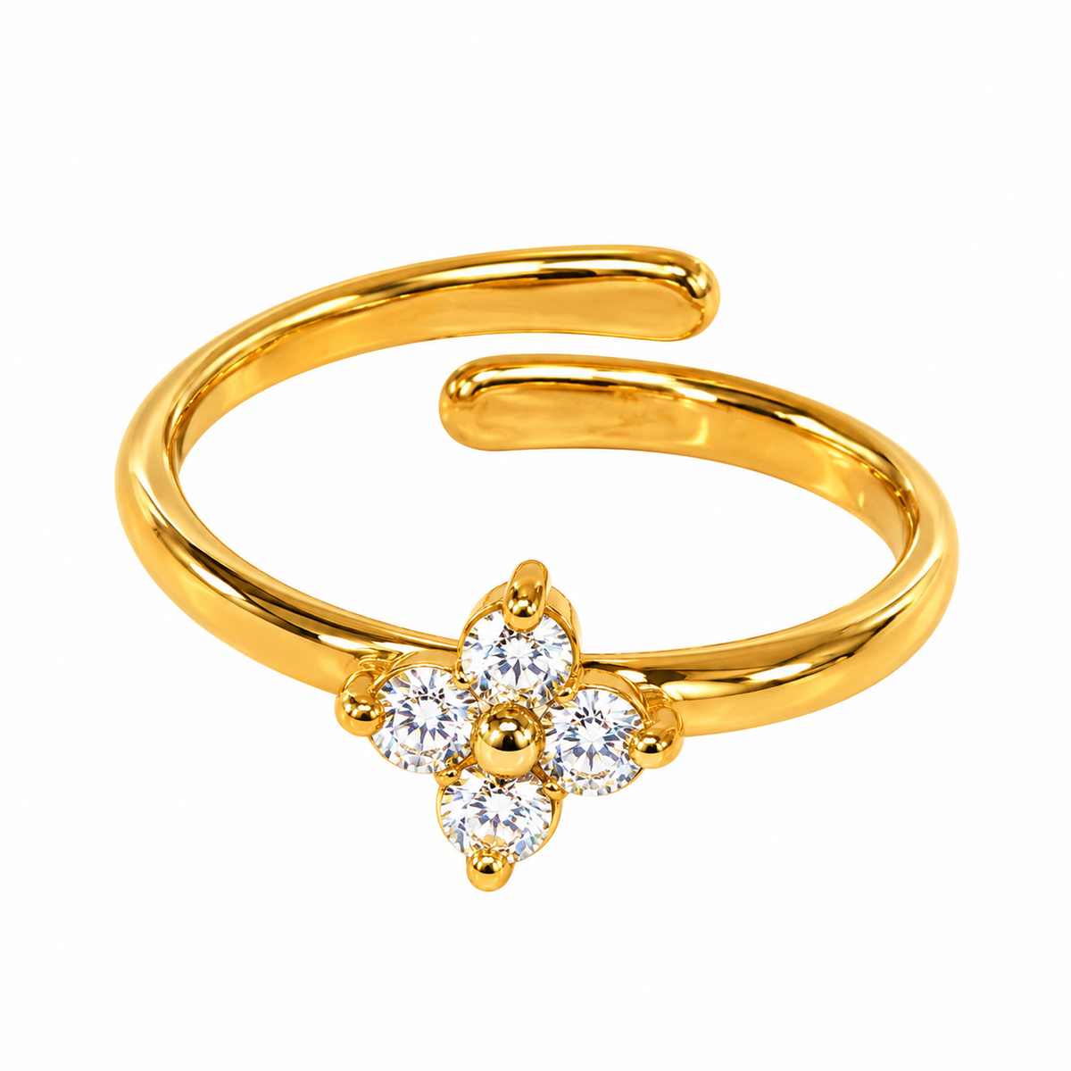 Anello in Acciaio Dorato Aperto con Fiore di Zirconi Bianchi