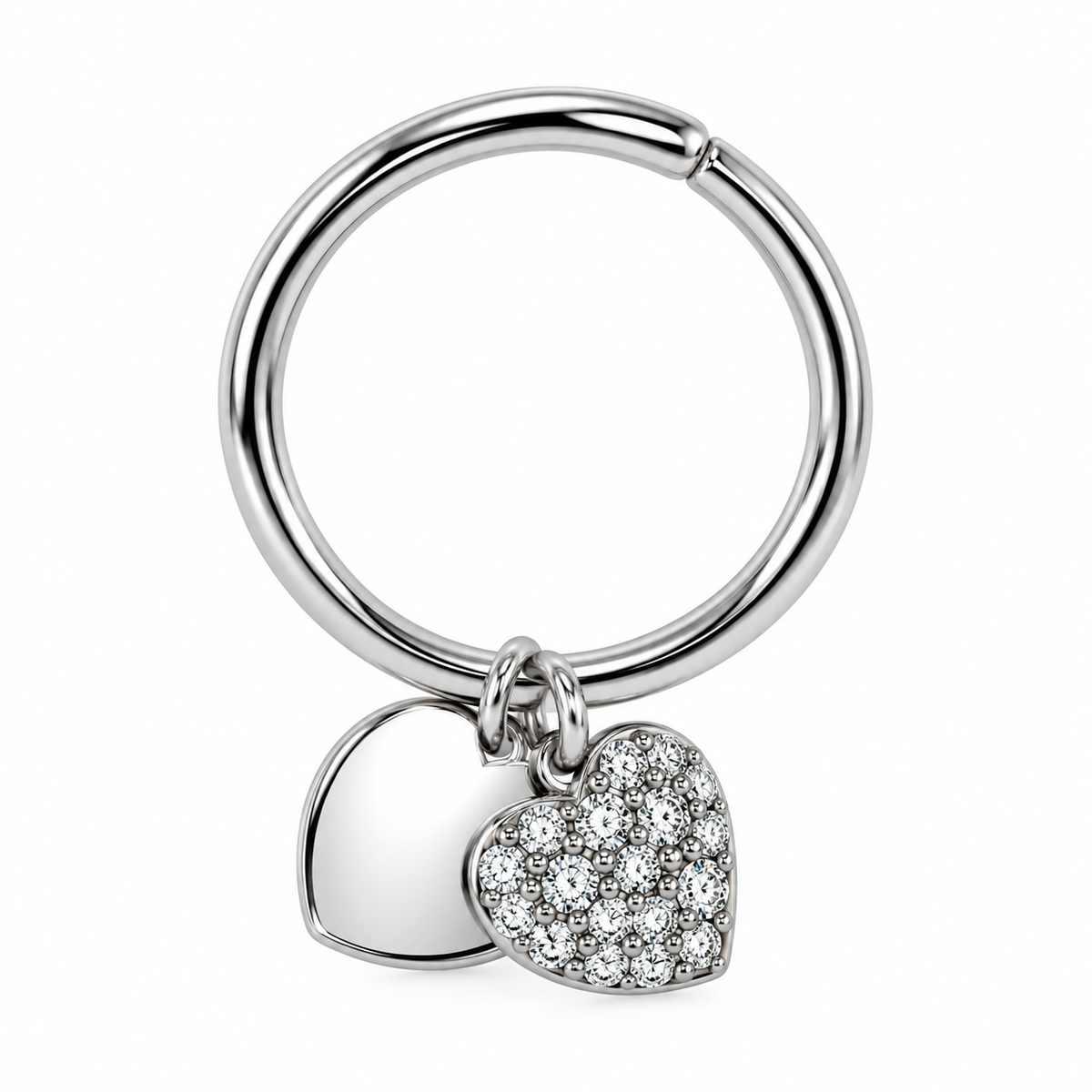 Anello in Acciaio Argentato con Due Cuori Pendenti